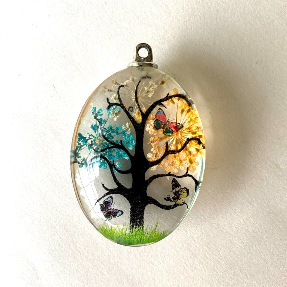 Large Transparent Floral Oval Pendant with Tree, Butterfly, Pressed Flowers